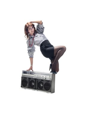 Girl with a boom box isolated on a white background clipart