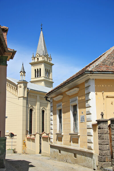 Medieval street and upland Church, Sighisoara, Romania