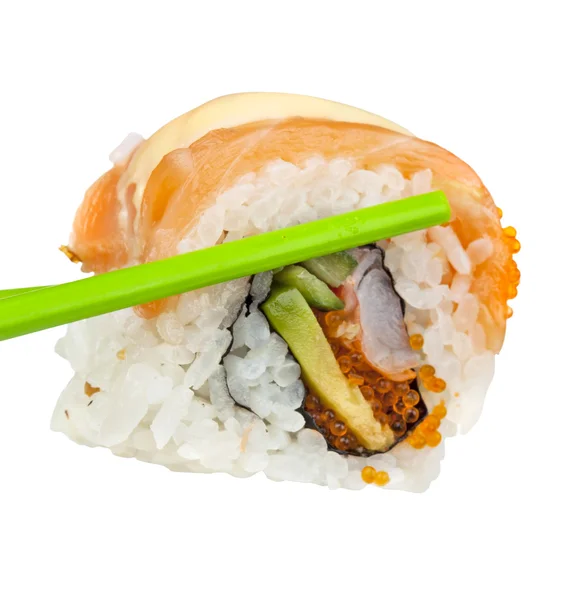 Green sticks keep roll with salmon — Stock Photo, Image