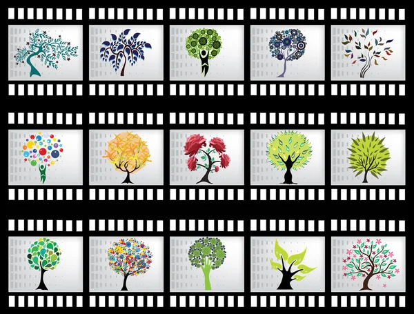 Film strip with 15 tree silhouettes — Stock Vector