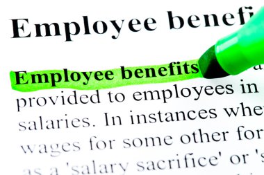 Employee benefits definition highlighted by green marker on white clipart