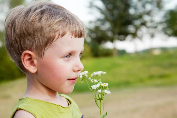 Junge riecht Wildblumen im Freien — Stockfoto