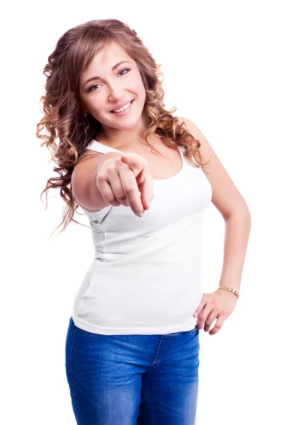 Woman pointing at us — Stock Photo, Image