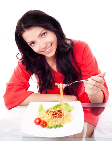 Žena jíst špagety — Stock fotografie