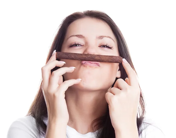Woman smelling a cigar — Stock Photo, Image