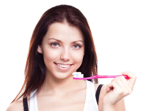 Жінка чищення зубів — стокове фото