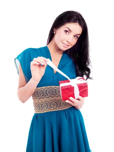 Woman opening a present — Stock Photo, Image