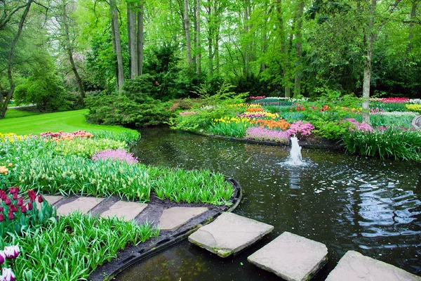 Colorful spring summer park, bridge — Stock Photo, Image
