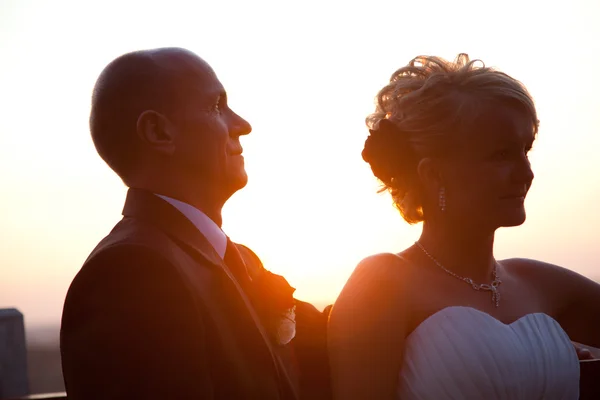 Portret van de bruid en bruidegom bij zonsondergang — Stockfoto