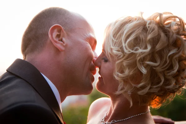 Bruid en bruidegom kussen bij zonsondergang — Stockfoto