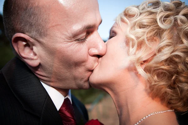 Glückliche Braut und Bräutigam küssen — Stockfoto