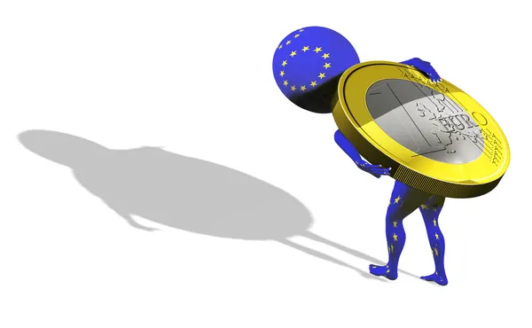 Um pequeno 3d cara em UE bandeira carregando 1 euro — Fotografia de Stock