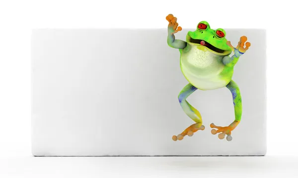 화이트 배너를 통해 점프 하는 행복 한 개구리 — 스톡 사진