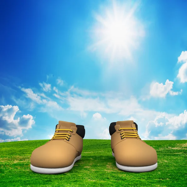 Shoes on green field. Adventure, trip concept — Stock Photo, Image