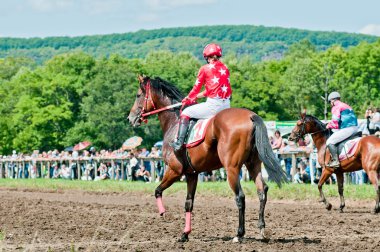 Jockey on racing horse before the start clipart