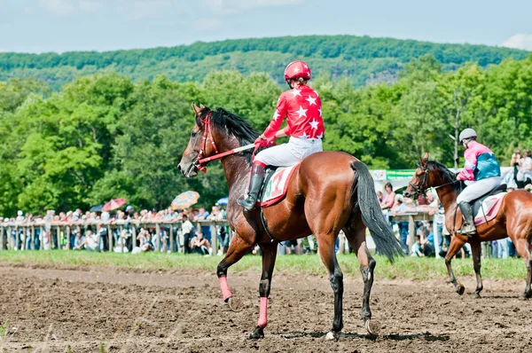 Jockey på racing häst innan start — Stockfoto