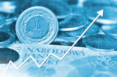 Arrow graph going up and polish currency in background clipart