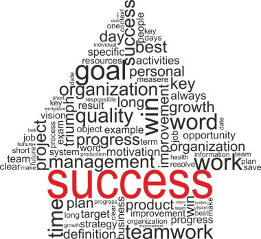 Success concept related words in tag cloud isolated on white. Arrow with different association terms. clipart