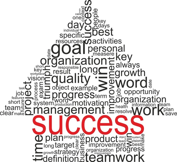 Success concept related words in tag cloud isolated on white. Arrow with different association terms. — Stock Vector
