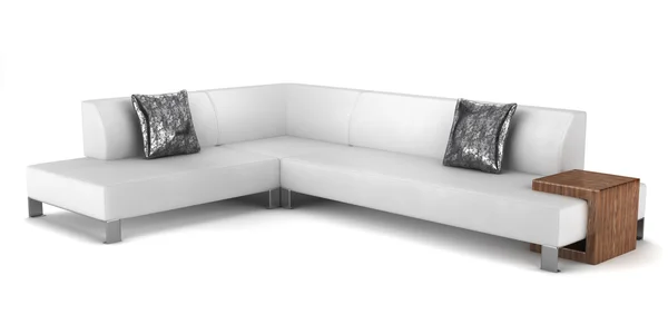 Современный кожаный диван с подушками на белом фоне — стоковое фото