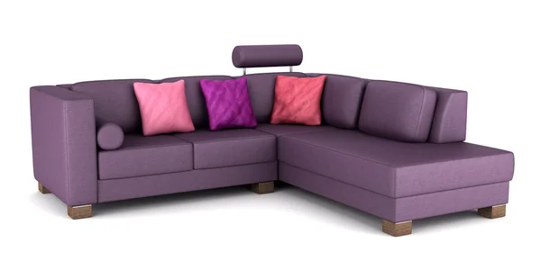 Современный фиолетовый кожаный диван с подушками на белом фоне — стоковое фото