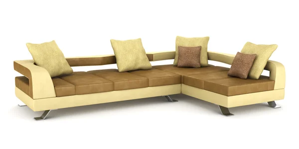 Современный коричневый диван с подушками на белом фоне — стоковое фото