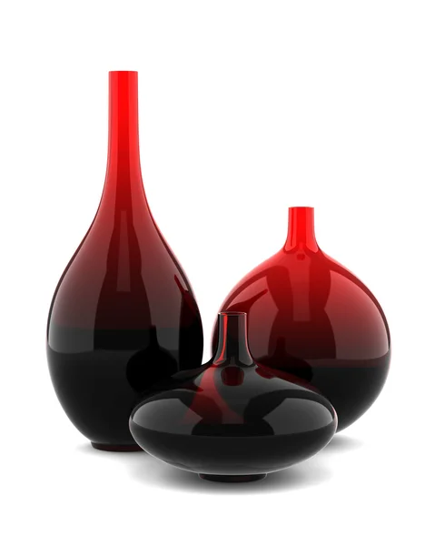 孤立在白色背景上的三个红色玻璃花瓶 — 图库照片