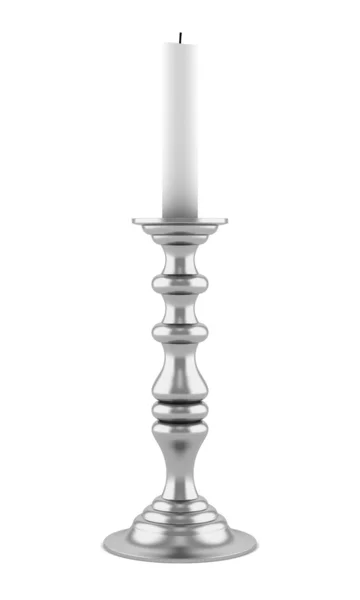 Candeliere in argento con candela isolata su sfondo bianco — Foto Stock