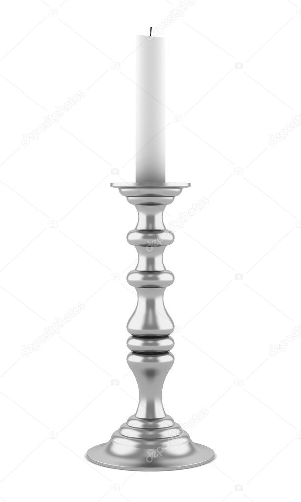 Silver candlestick with candle isolated on white background