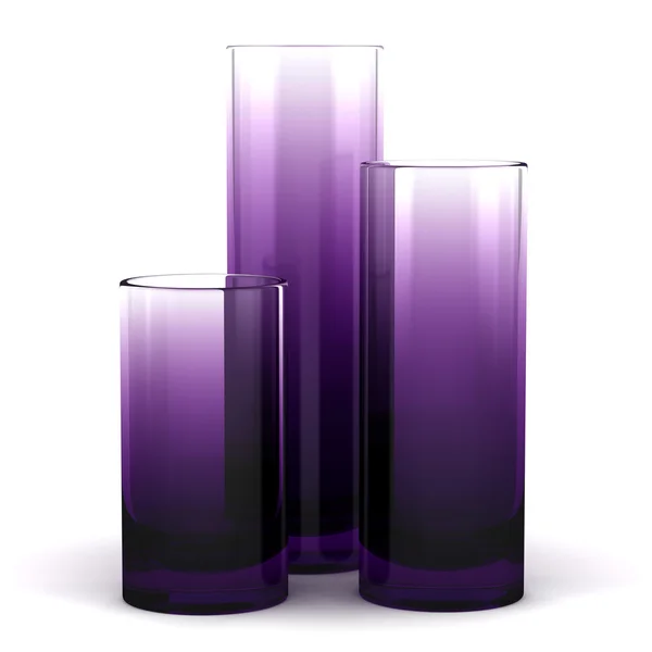 Beyaz arka plan üzerinde izole üç mor cam vazolar — Stok fotoğraf