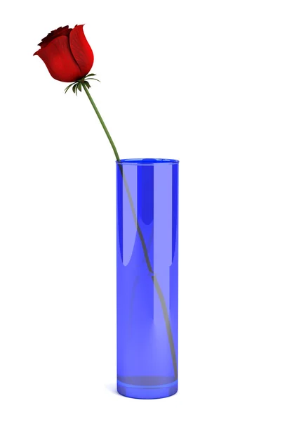 Vaso di vetro blu con rosa isolata su sfondo bianco — Foto Stock