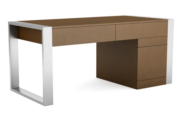 Houten tafel moderne bruin kantoor geïsoleerd op witte achtergrond — Stockfoto