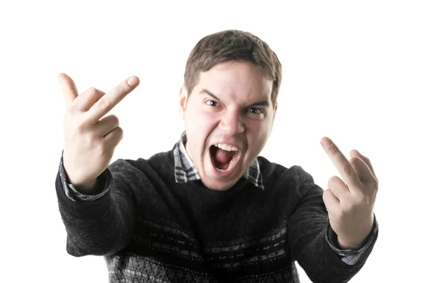 Angry young man toont middelste vingers geïsoleerd op een witte achtergrond. focus op — Stockfoto