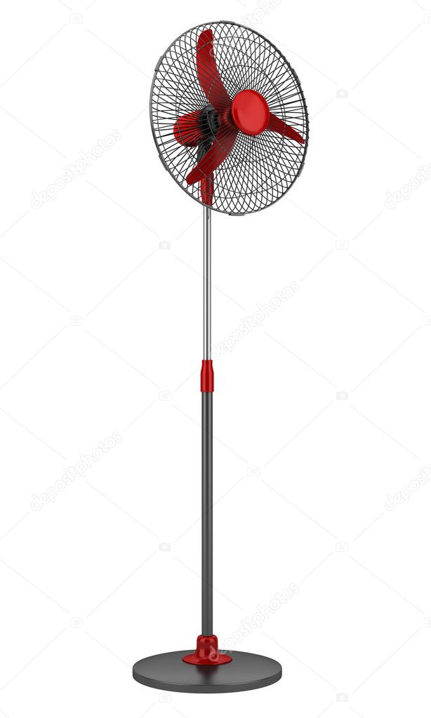Modern electric black and red floor fan isolated on white background