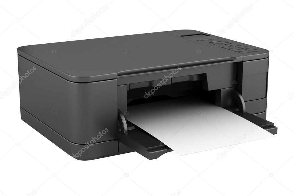 Modern black office multifunction printer isolated on white background