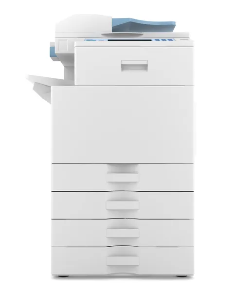 Moderner Büro-Multifunktionsdrucker isoliert auf weißem Hintergrund — Stockfoto
