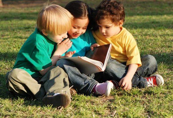 Grupp barn med boken på en gräs i parken — Stockfoto