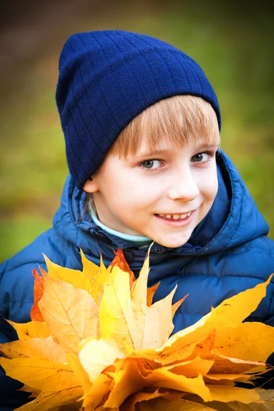 Portrait happy boy in autumn park — Stock Photo, Image