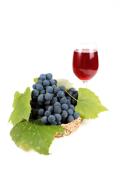 Vinho tinto em copos com uva e vara isoladas em branco — Fotografia de Stock
