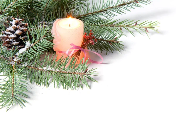 Ramo da árvore de Natal com vela e pinecone — Fotografia de Stock