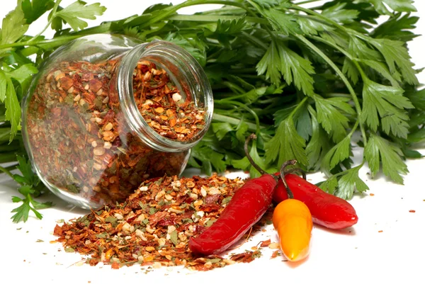 Dry seasoning with chillies and parsley — Stock Photo, Image
