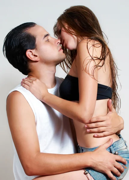 Intimate Young Couple Foreplay Light Background — Stock Photo, Image