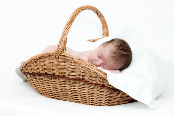 Retrato bebê recém-nascido dormindo em cesta — Fotografia de Stock