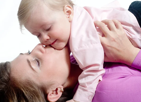 Obrázek šťastné matky s dítětem nad bílou — Stock fotografie