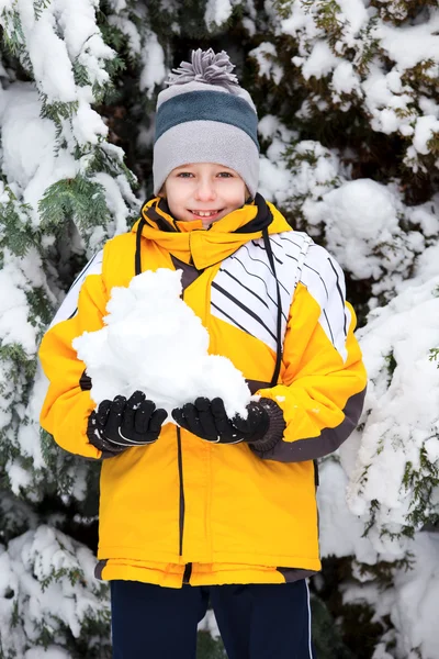 Portrait young boy in winter park — Stock Photo, Image