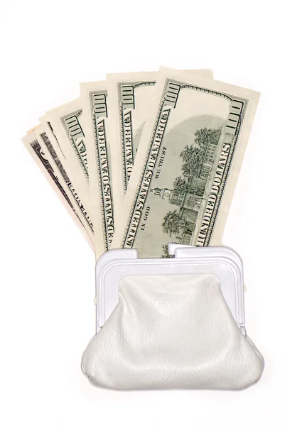 Dólares em uma bolsa em um fundo leve — Fotografia de Stock