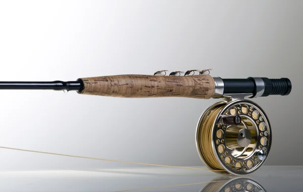 Fly fishing rod with nymphs — Stock Photo, Image