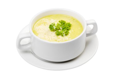 Cream soup in white bowl isolated clipart