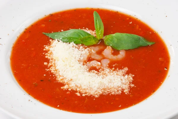 stock image Tomato soup with shrimp and parmesan