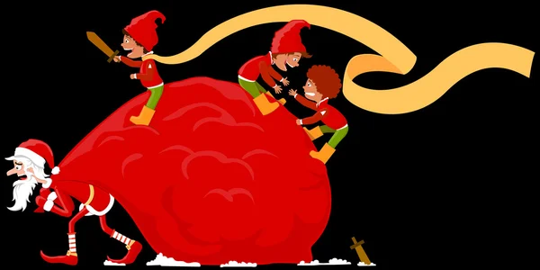 Санта Клаус вытаскивает мешок с подарками — стоковый вектор
